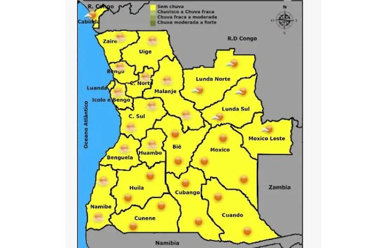 INAMET prevê chuvisco em Cabinda e Benguela e chuva fraca com trovoada em várias províncias nas próximas 24 horas