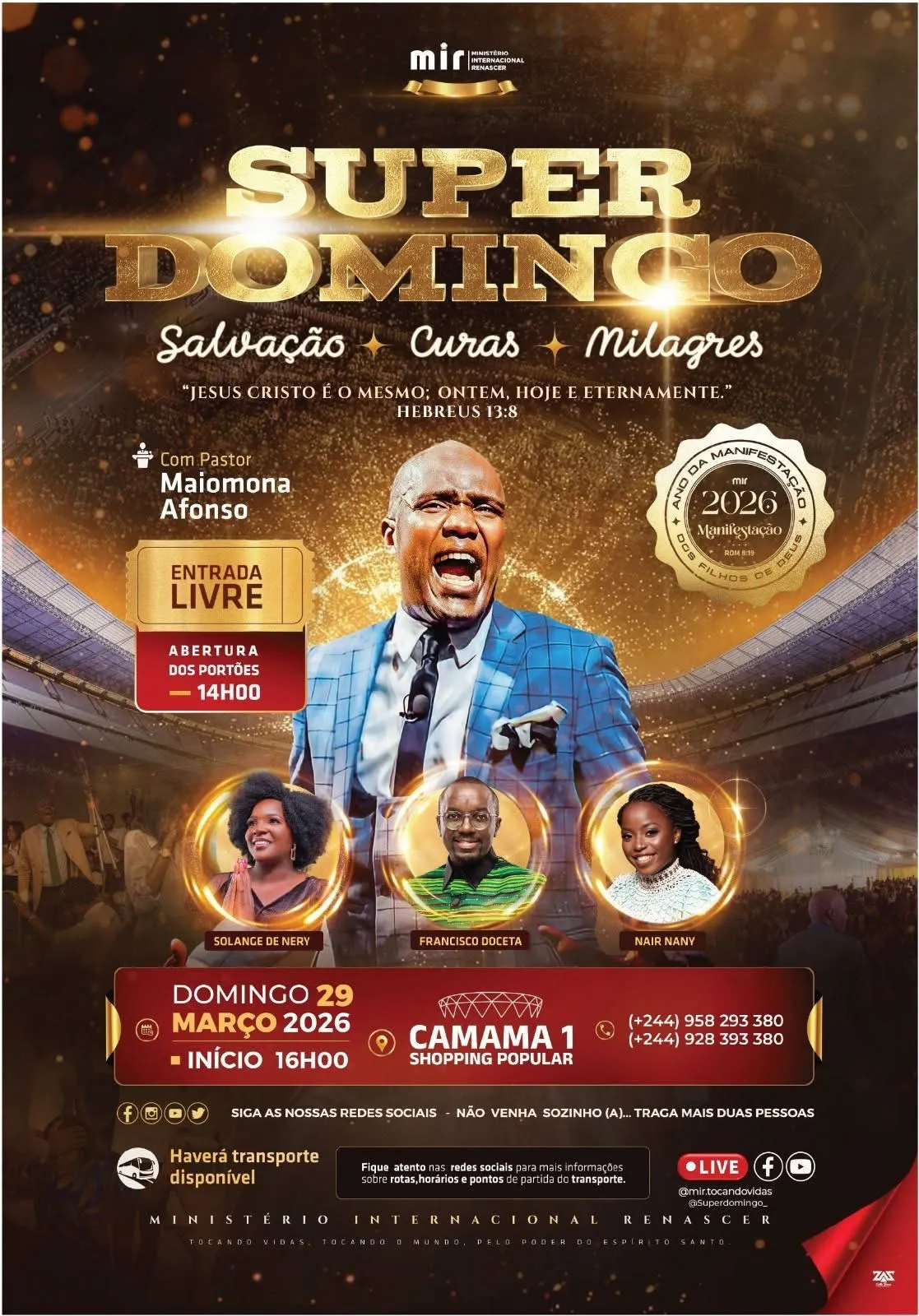 Ministério Internacional Renascer promove “Super Domingo” de curas e milagres em Luanda