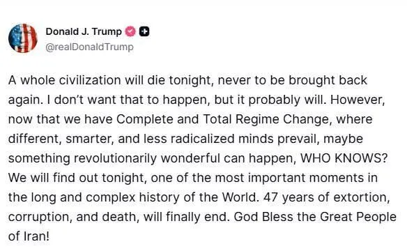 Médio Oriente: Donald Trump ameaça exterminar a civilização iraniana nas próximas horas – "Uma civilização inteira vai morrer esta noite", escreveu
